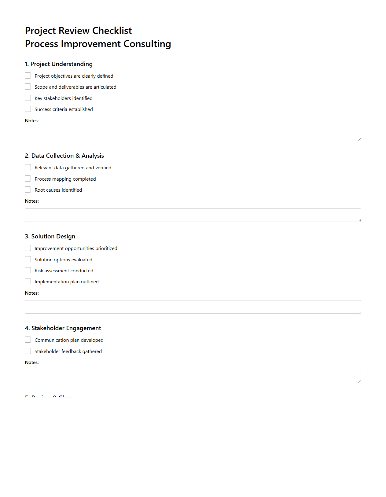 Project Review Checklist for Process Improvement Consulting
