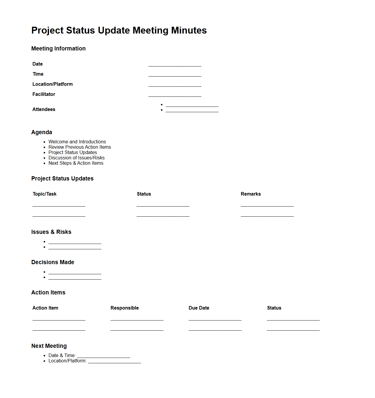Project Status Update Meeting Minutes Outline