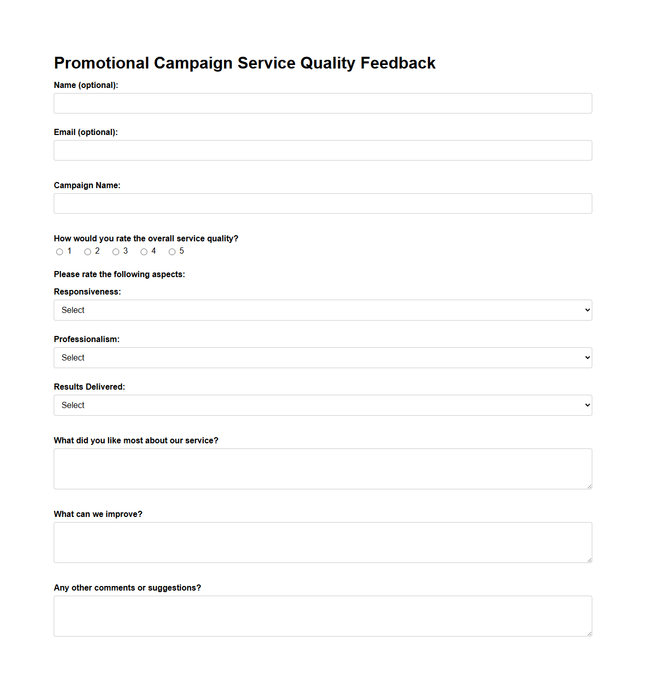 Promotional Campaign Service Quality Feedback Template