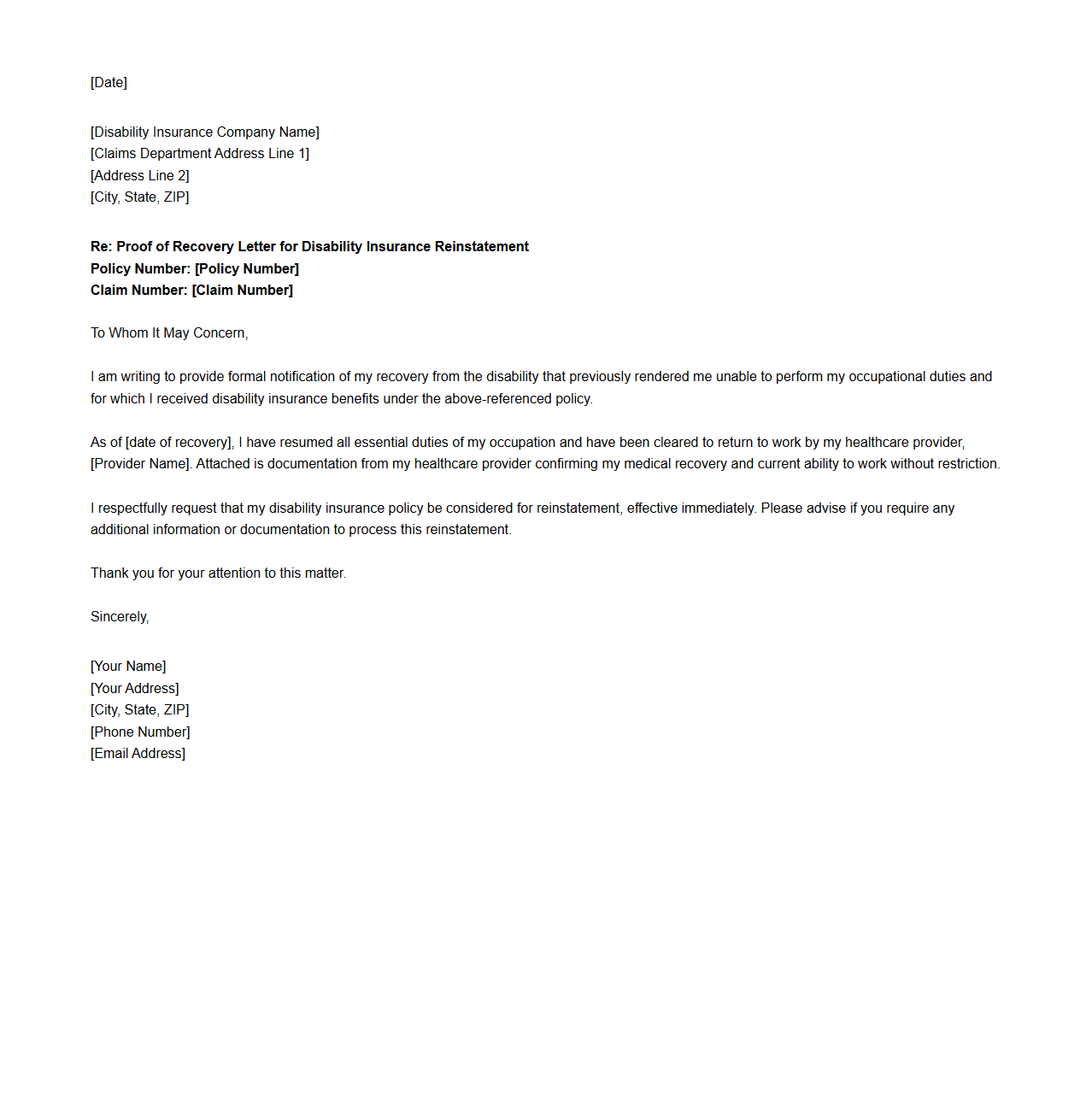 Proof of Recovery Letter for Disability Insurance Reinstatement