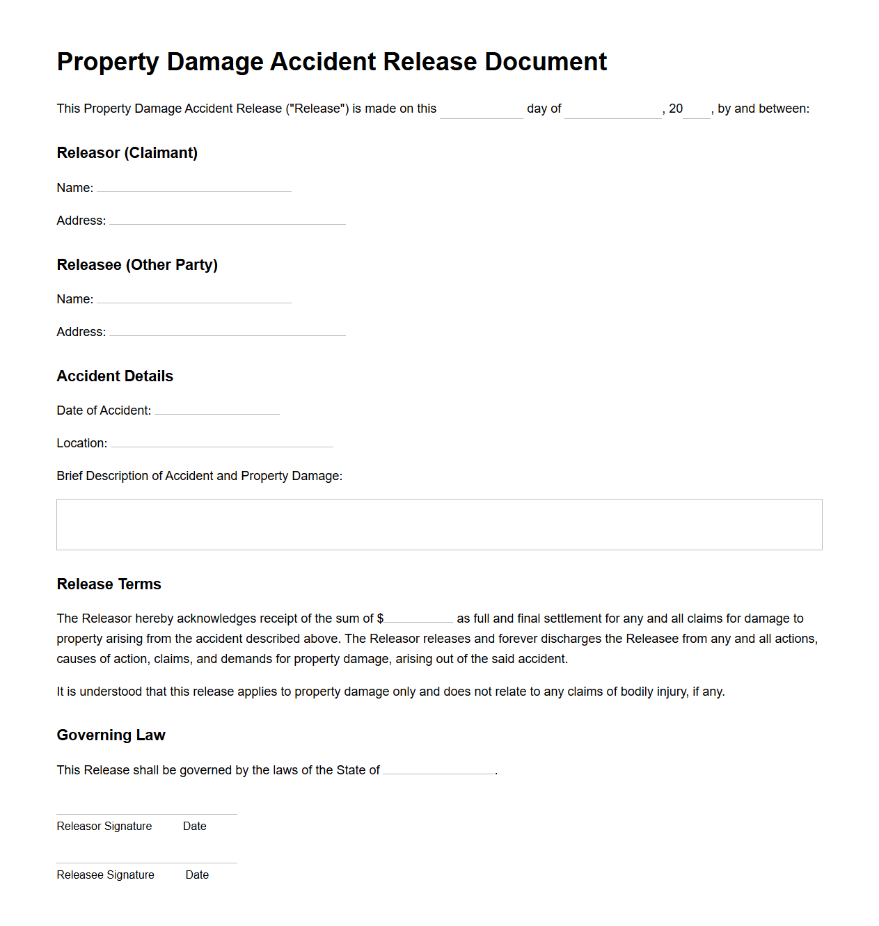 Property Damage Accident Release Document