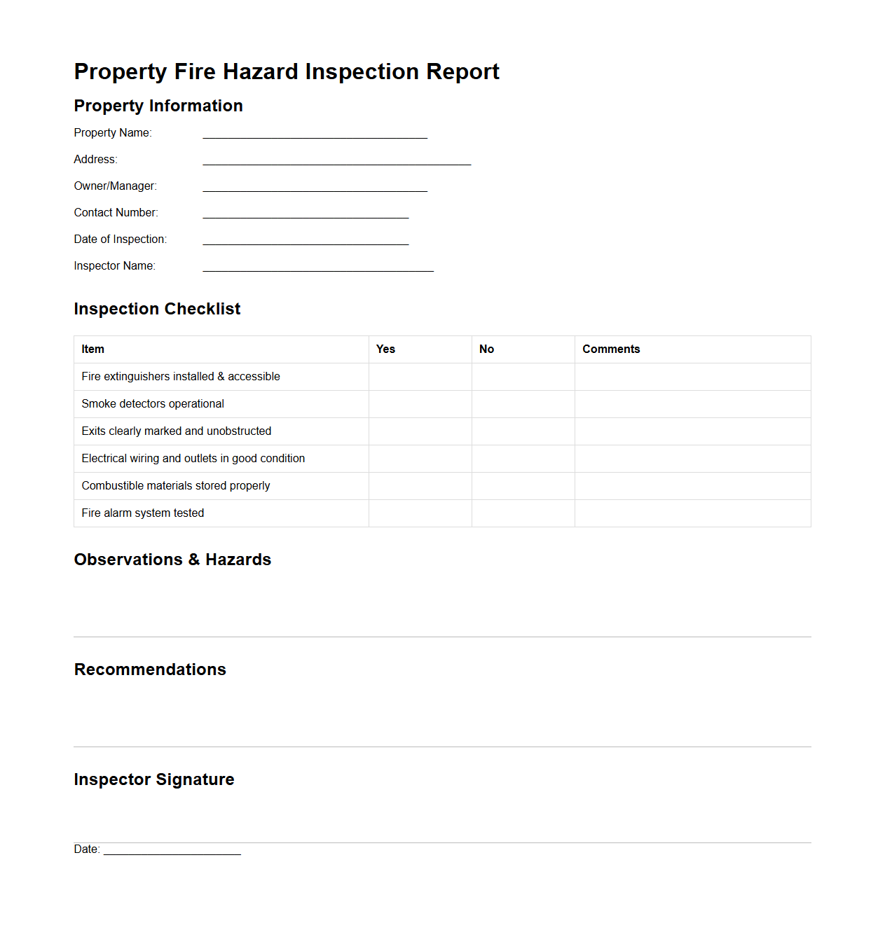 Property Fire Hazard Inspection Report Sample