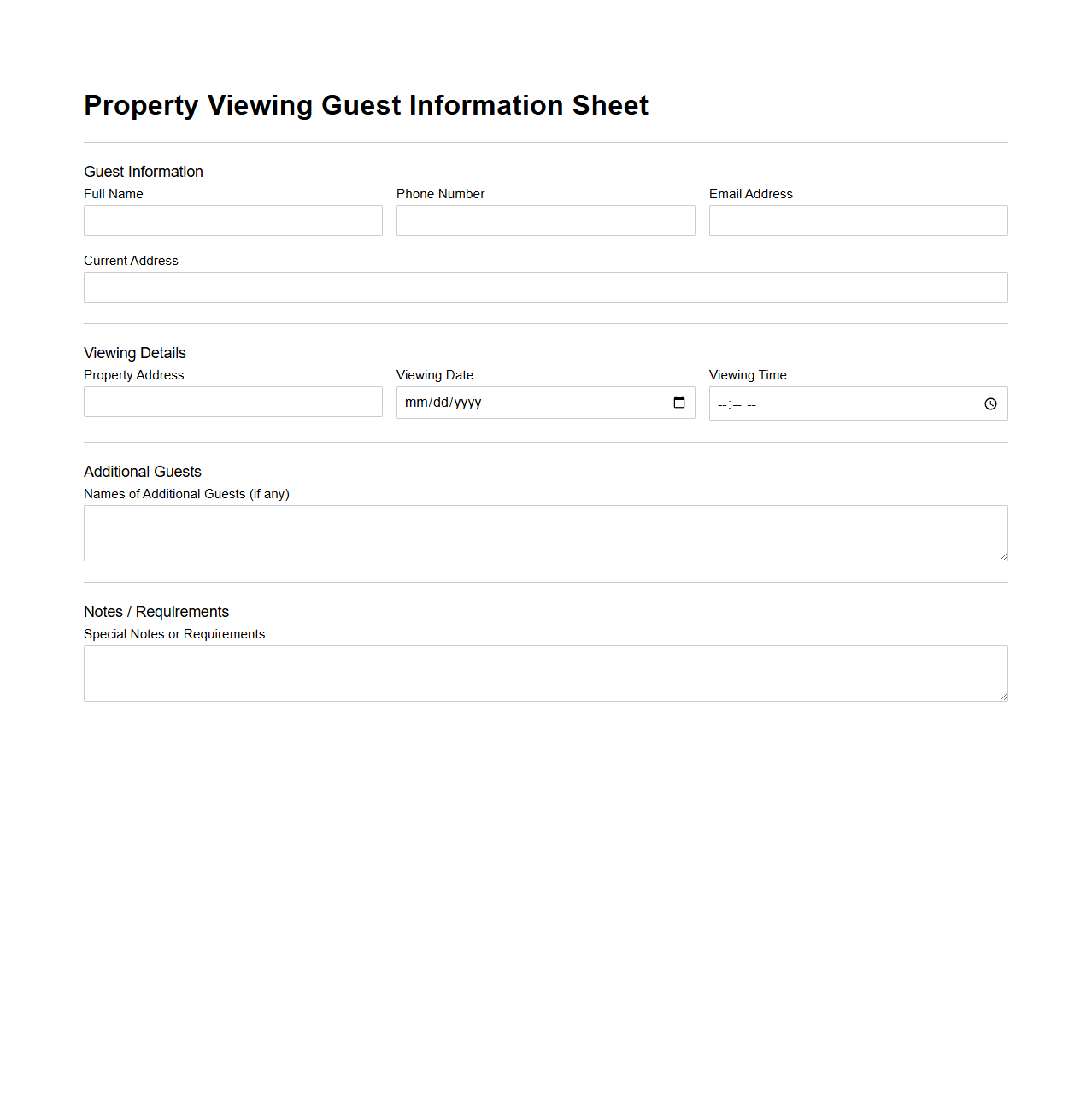 Property Viewing Guest Information Sheet