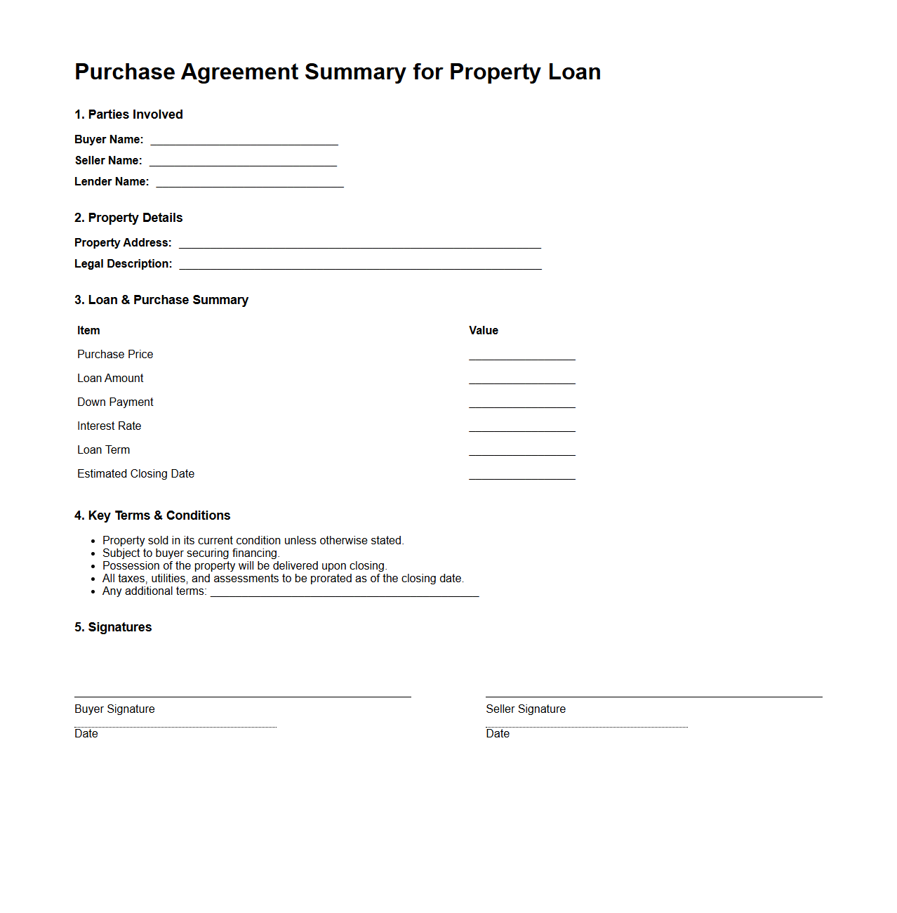 Purchase Agreement Summary for Property Loan
