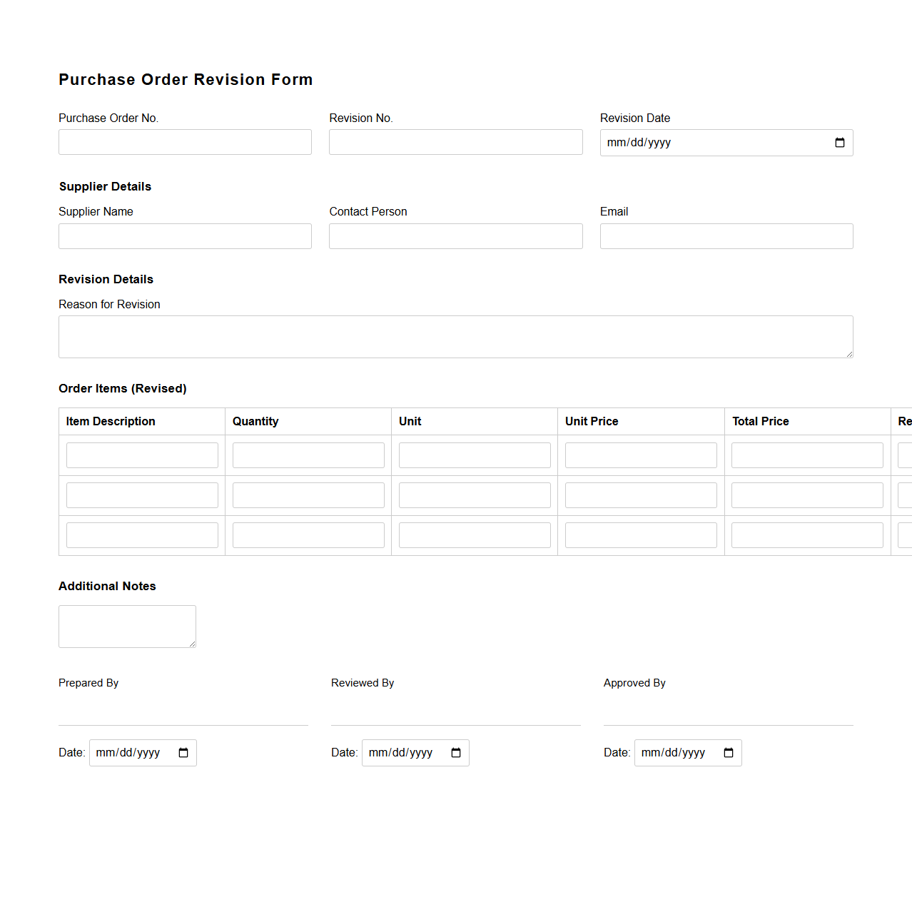 Purchase Order Revision Form for Procurement