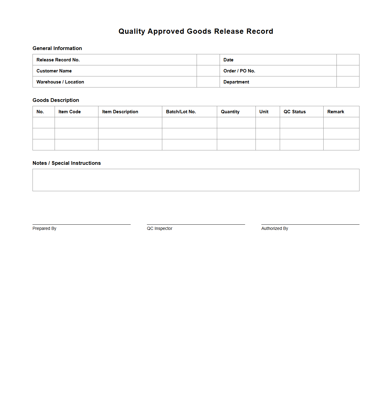 Quality Approved Goods Release Record