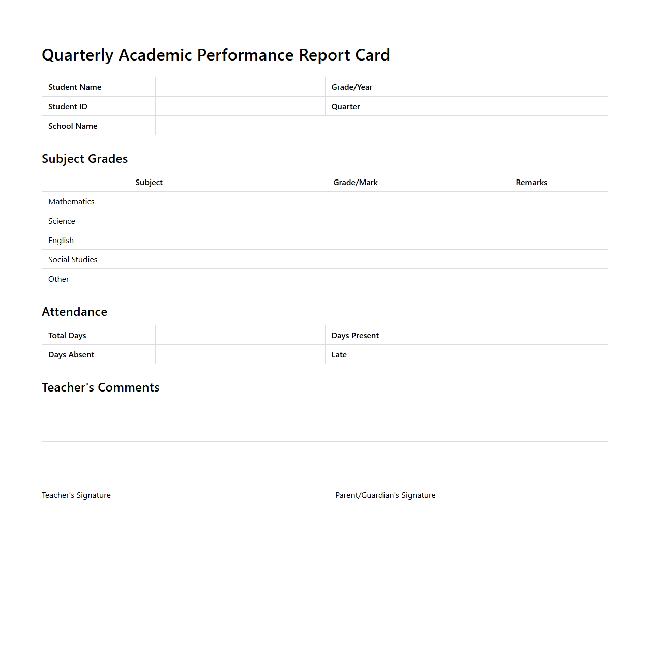 Quarterly Academic Performance Report Card Template