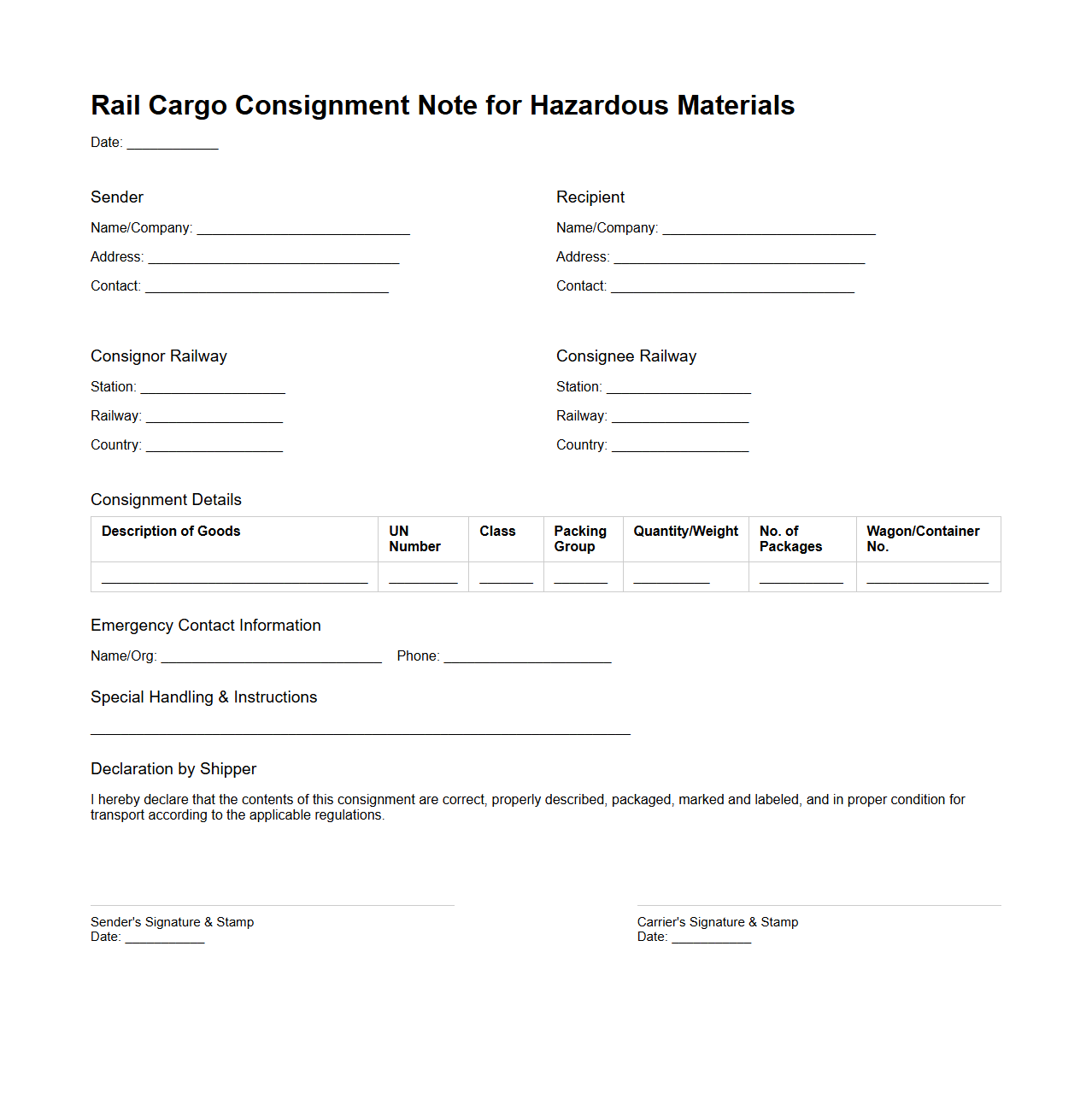 Rail Cargo Consignment Note for Hazardous Materials