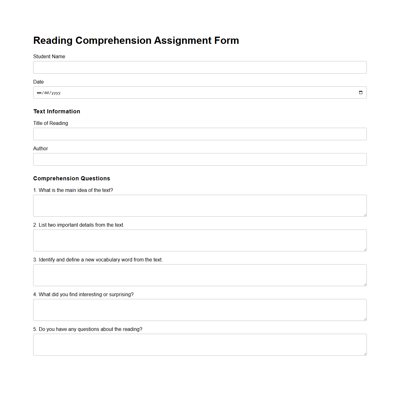 Reading Comprehension Assignment Form for Students