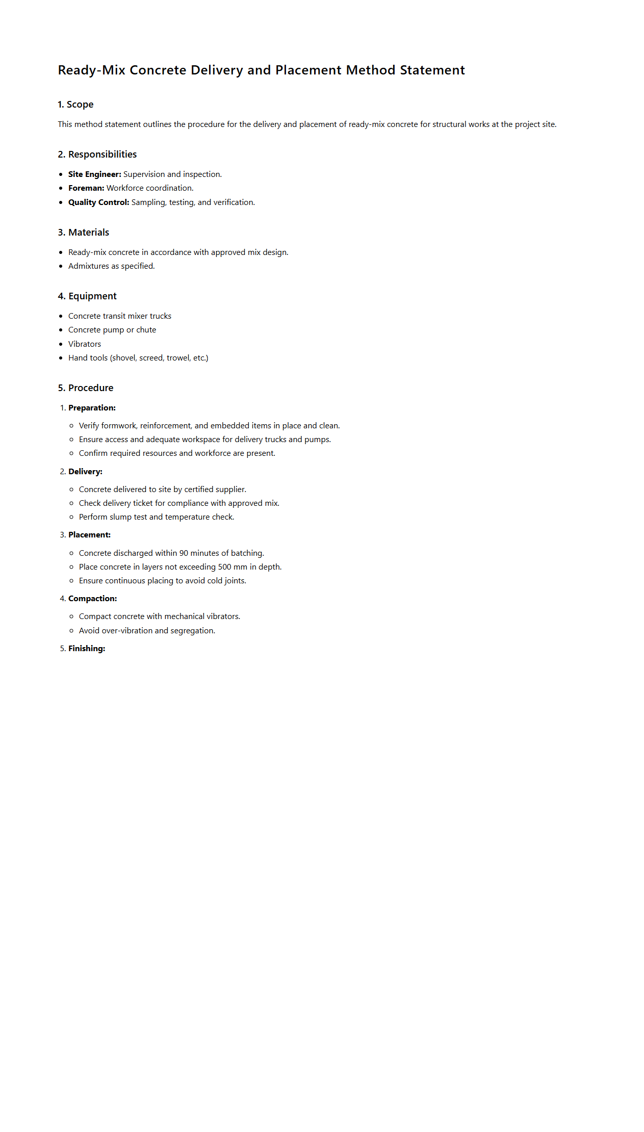 Ready-Mix Concrete Delivery and Placement Method Statement