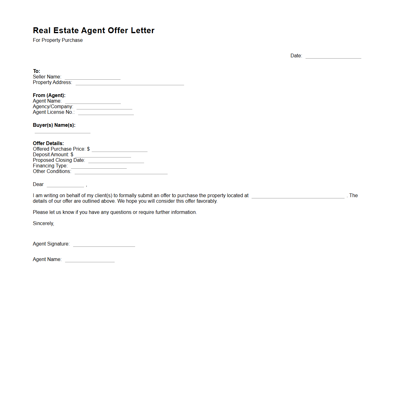 Real Estate Agent Offer Letter for Property Purchase