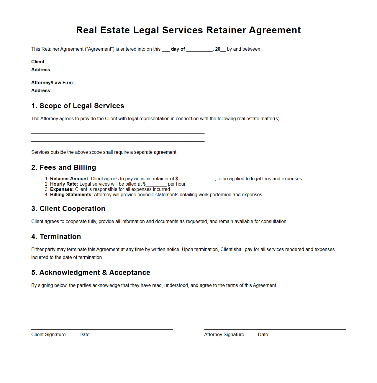 Real Estate Legal Services Retainer Agreement