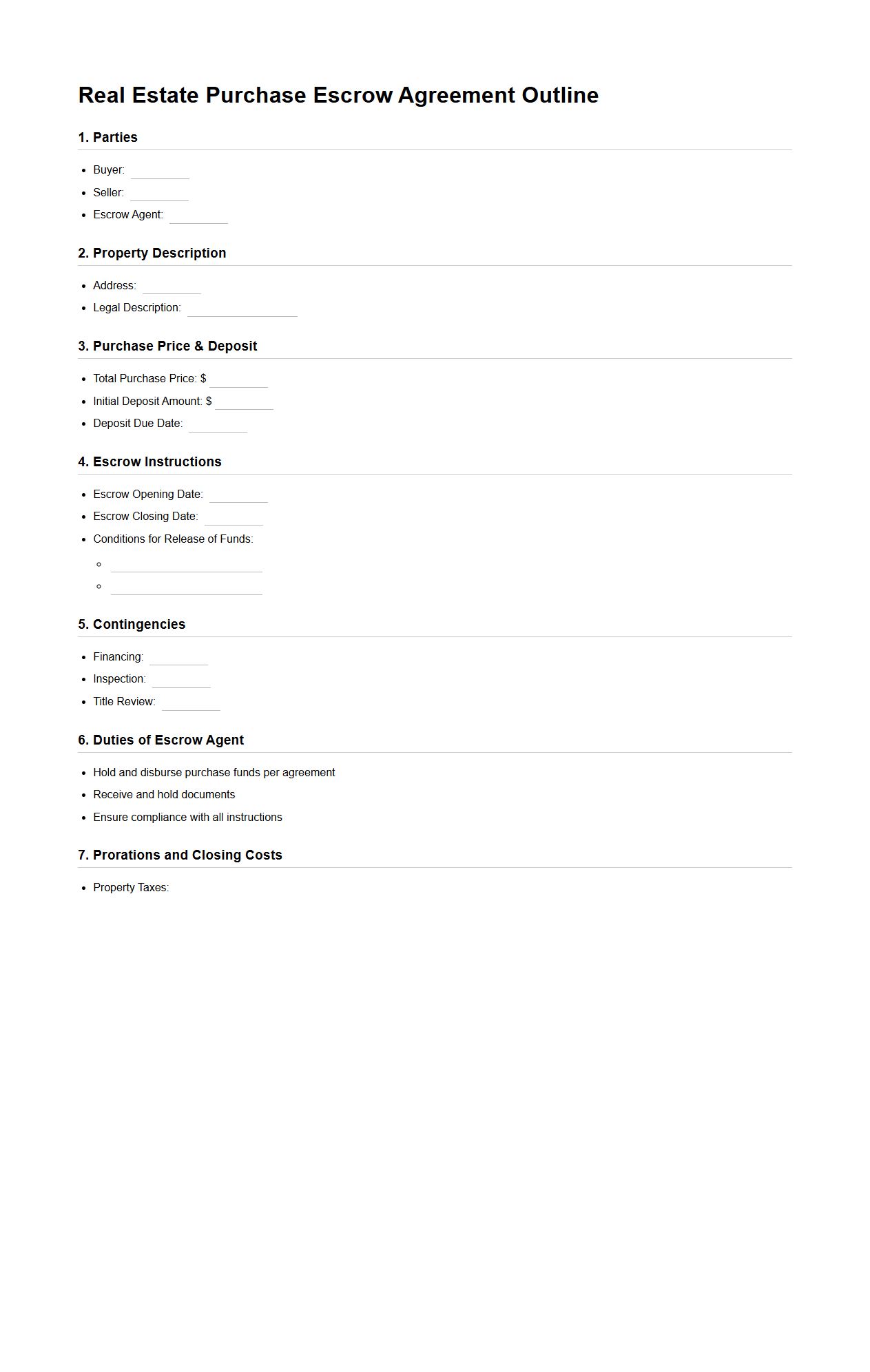 Real Estate Purchase Escrow Agreement Outline