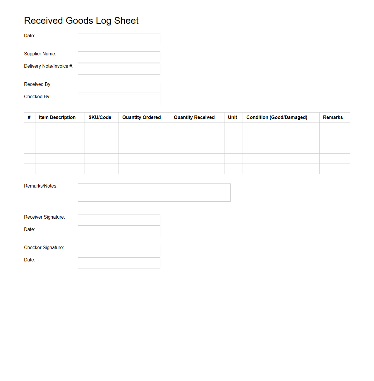Received Goods Log Sheet for Retail