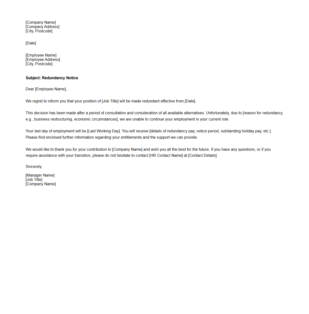 Redundancy Notice Letter Template