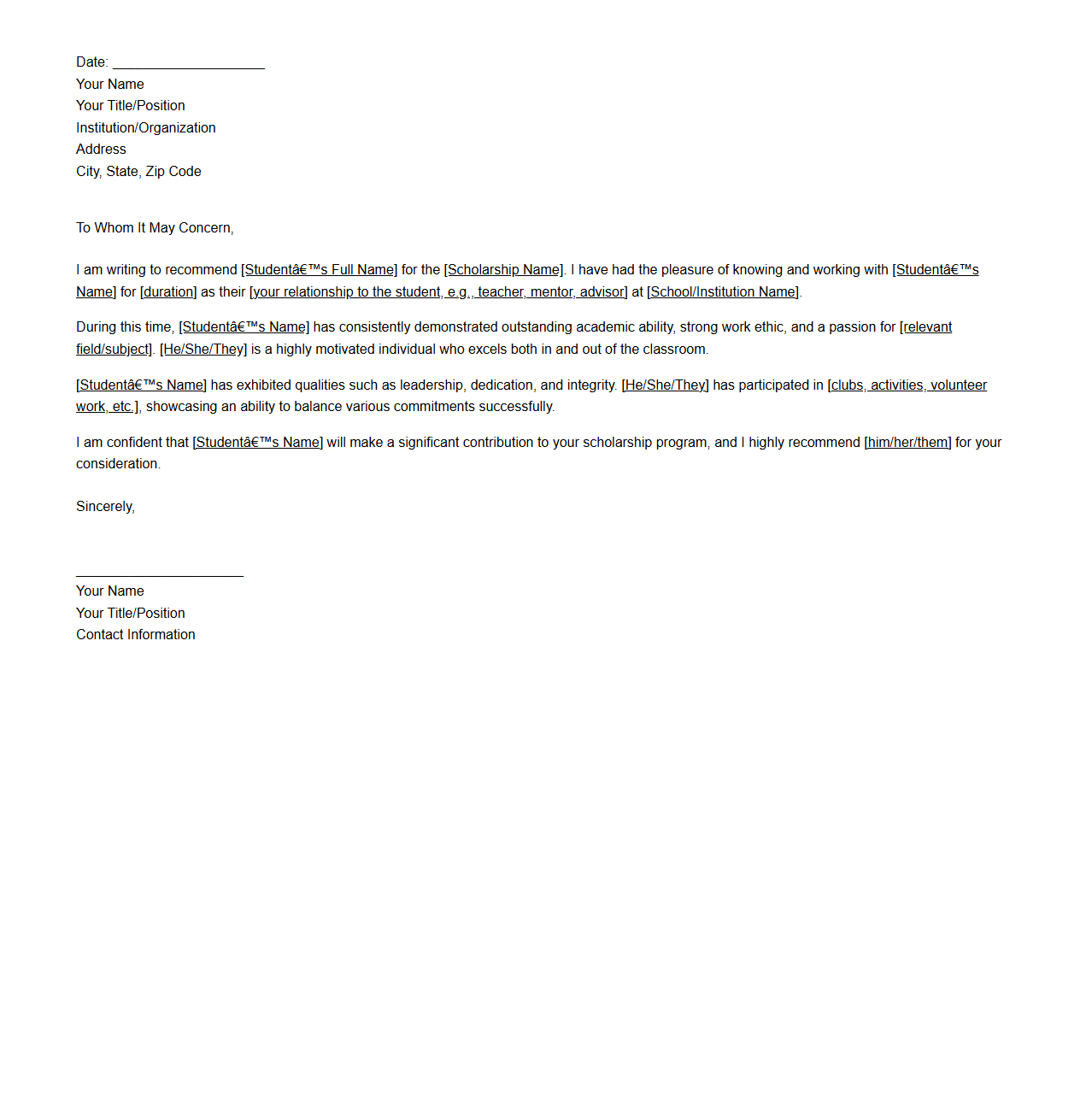 Reference Letter Format for Scholarship Candidates