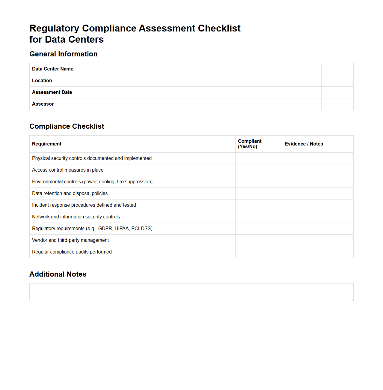 Regulatory Compliance Assessment Checklist for Data Centers