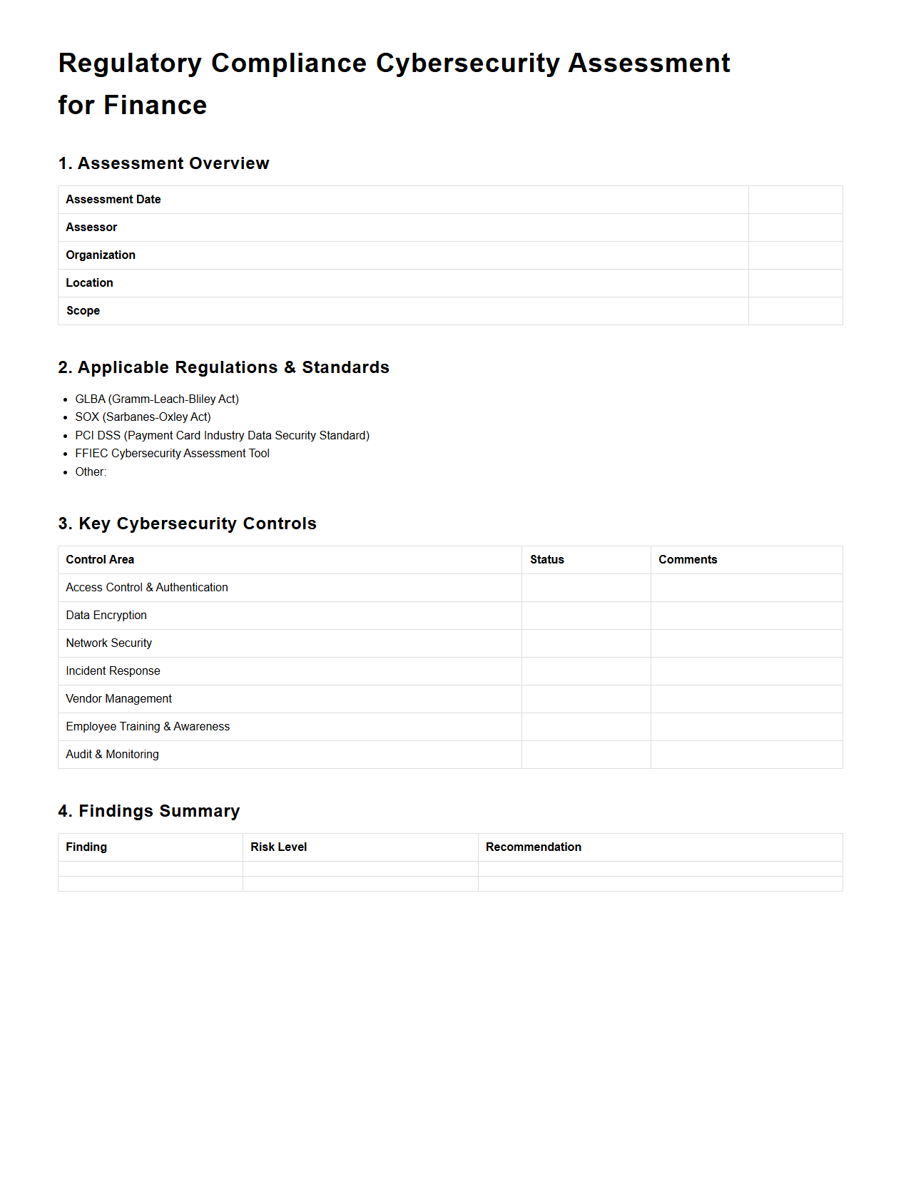 Regulatory Compliance Cybersecurity Assessment for Finance