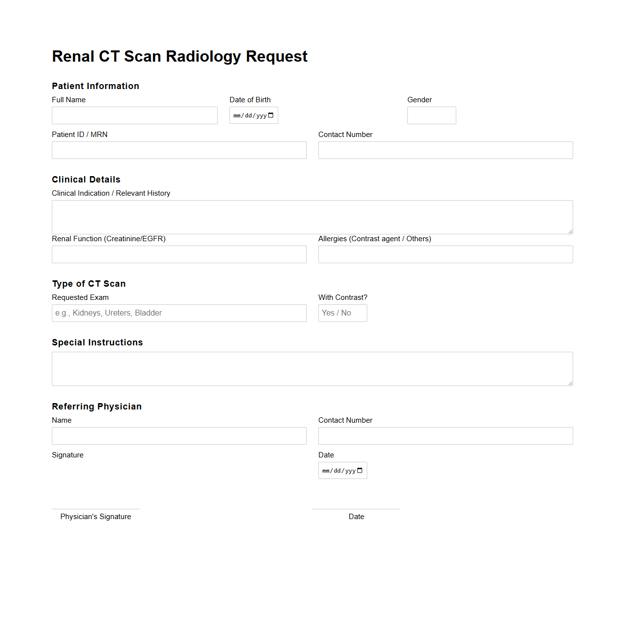 Renal CT Scan Radiology Request Template