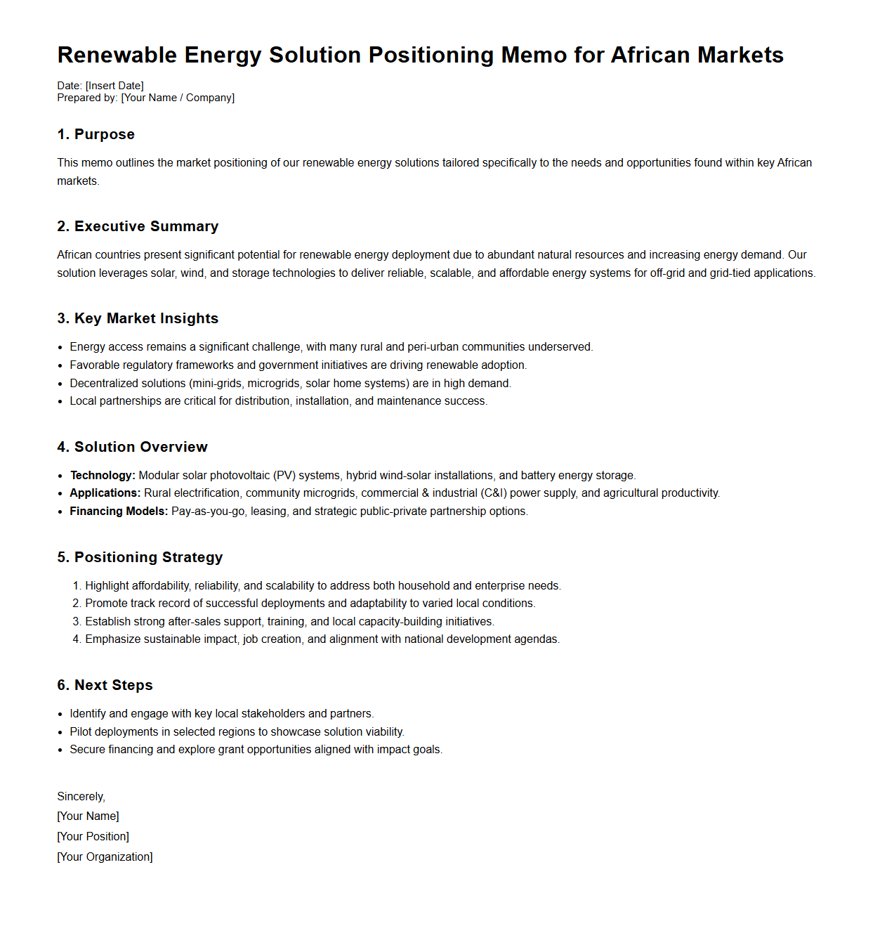 Renewable Energy Solution Positioning Memo for African Markets