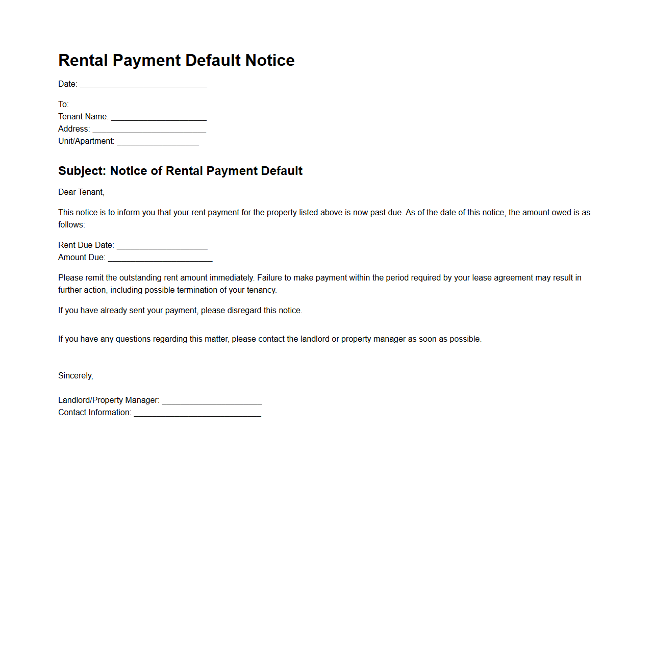 Rental Payment Default Notice Example