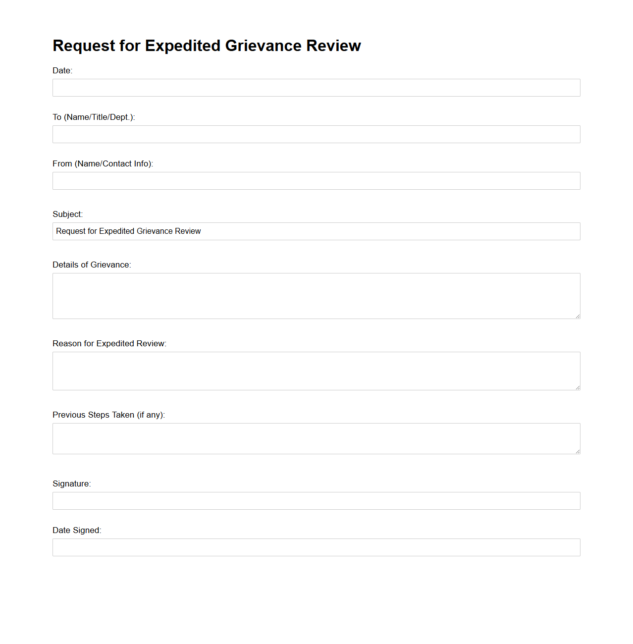 Request for Expedited Grievance Review Sample