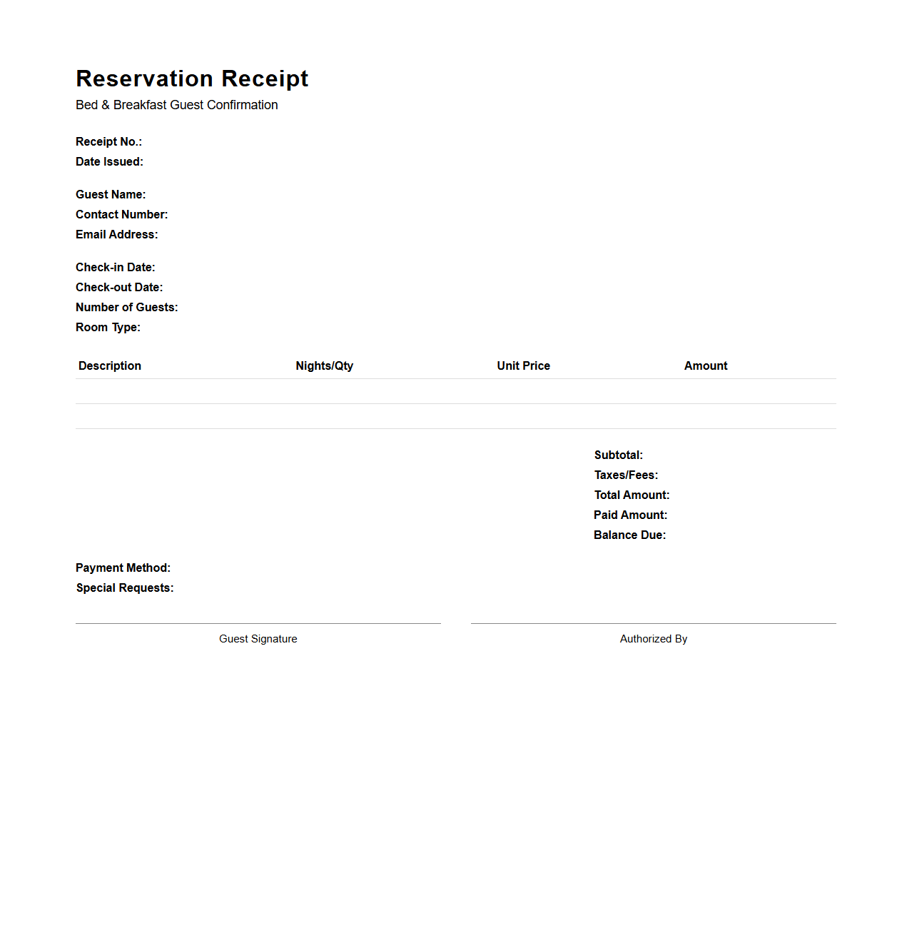 Reservation Receipt Template for Bed and Breakfast Guests