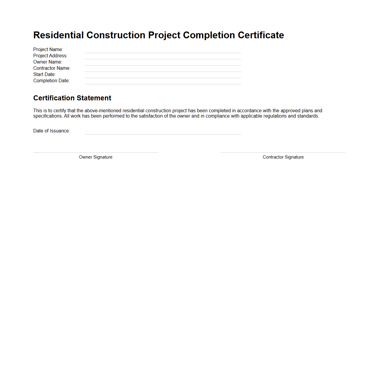 Residential Construction Project Completion Certificate