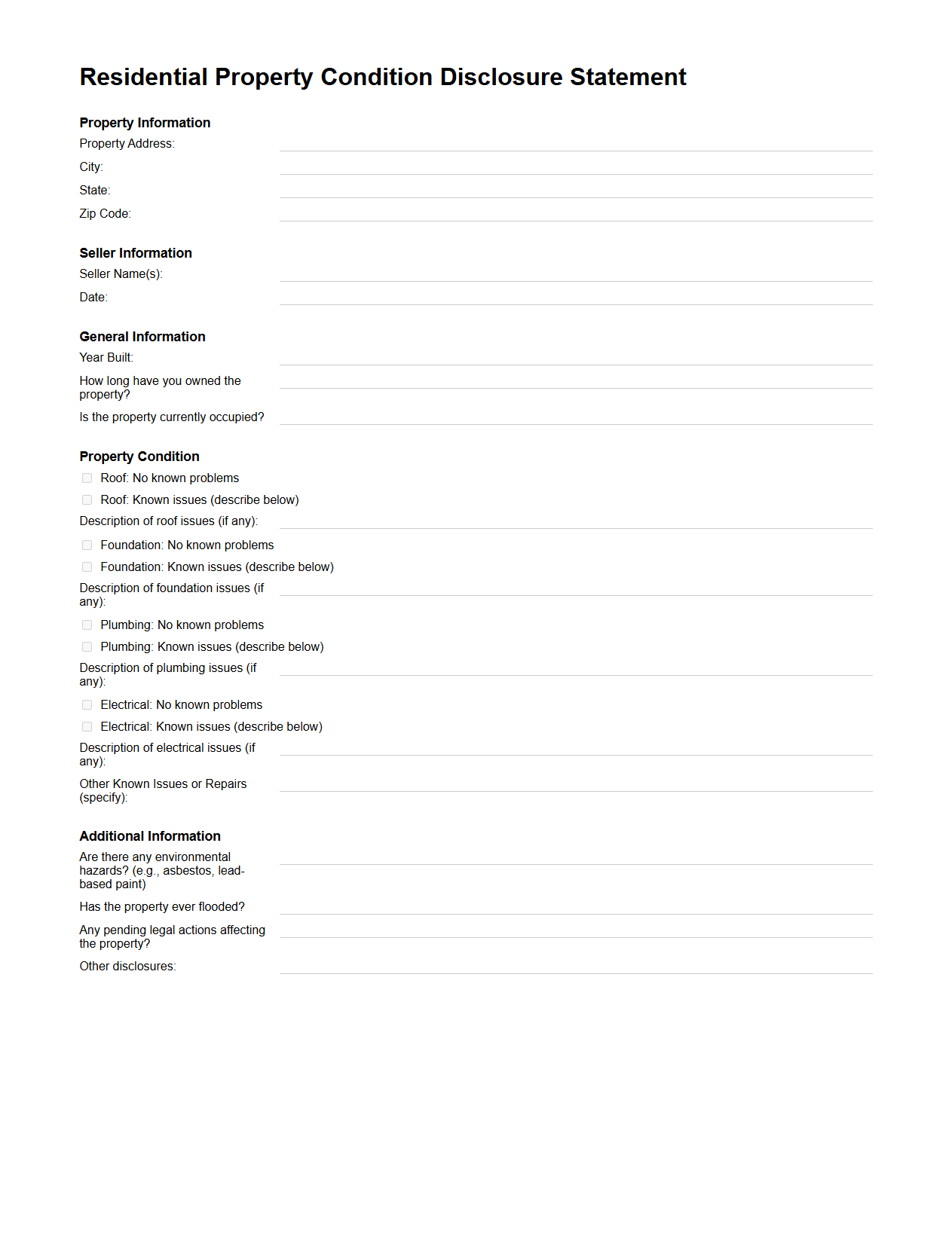 Residential Property Condition Disclosure Statement Template
