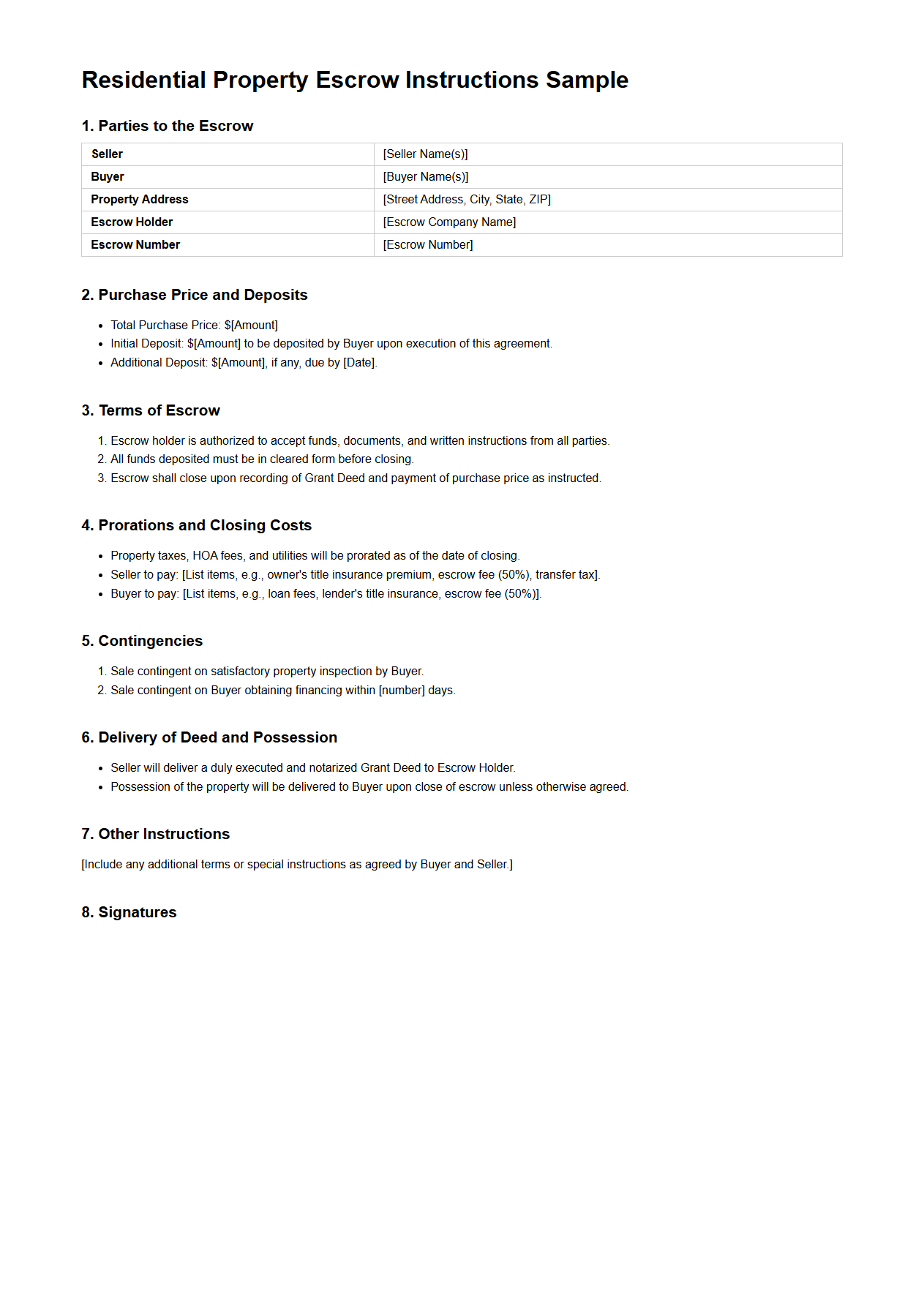 Residential Property Escrow Instructions Sample