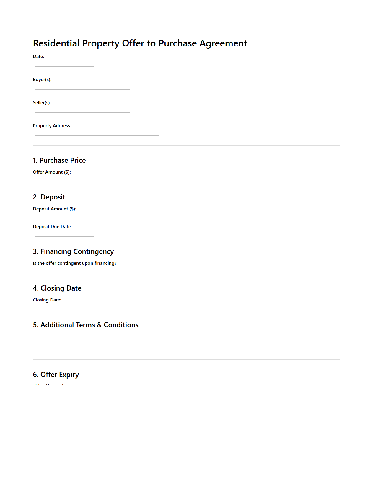 Residential Property Offer to Purchase Agreement Template