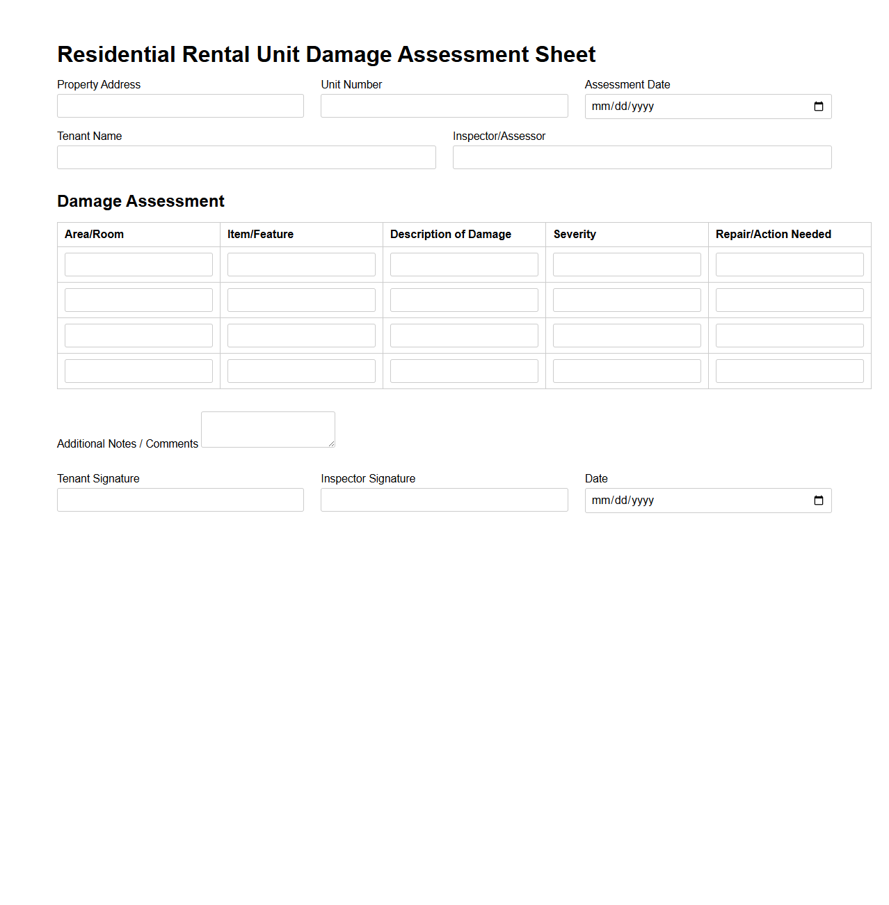 Residential Rental Unit Damage Assessment Sheet