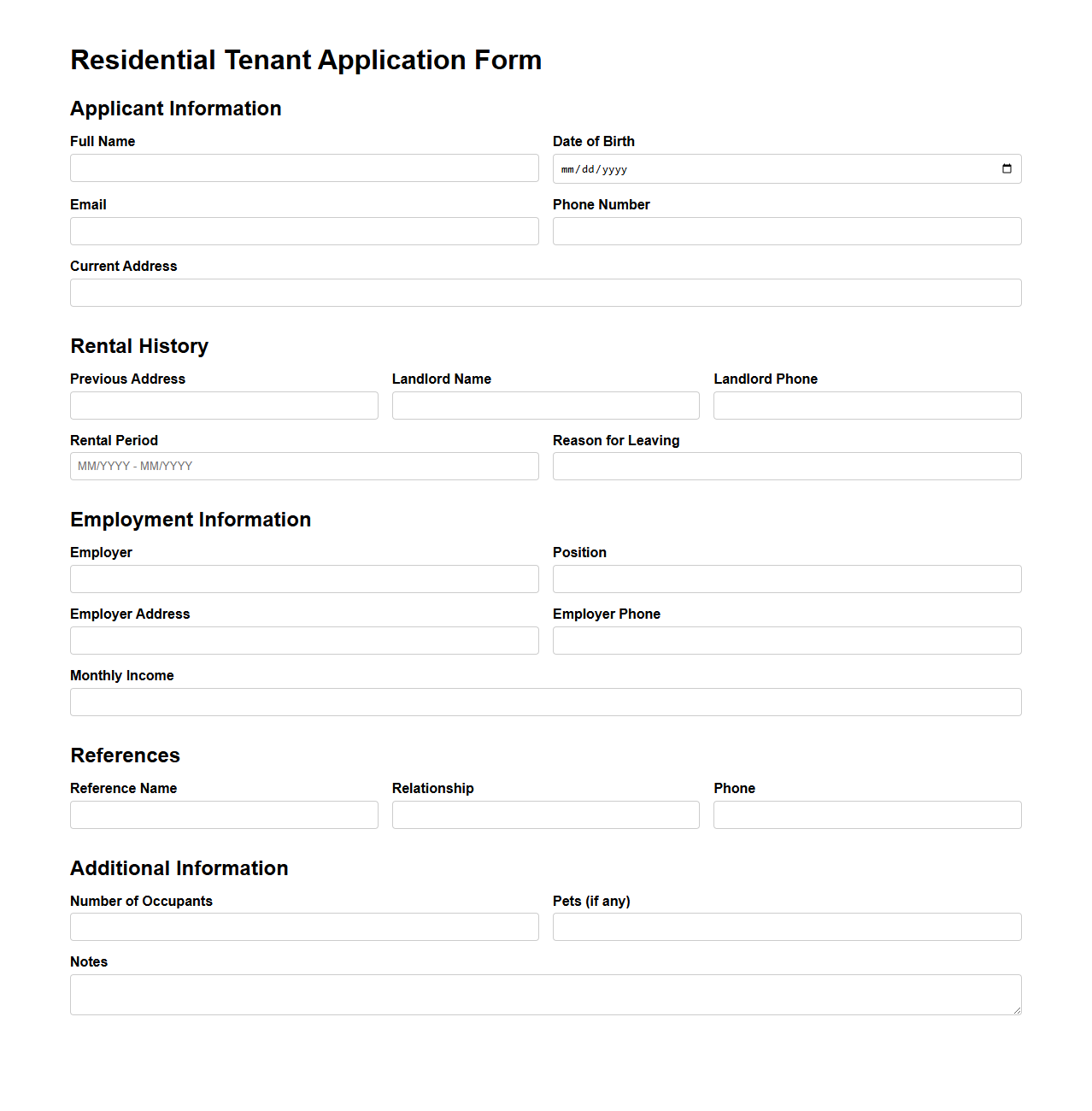 Residential Tenant Application Form Sample