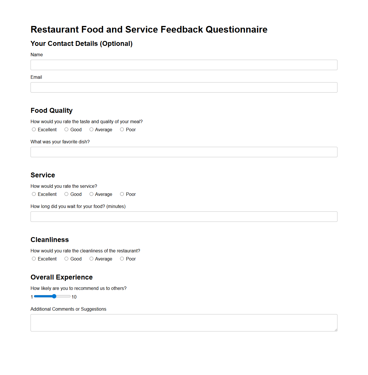 Restaurant Food and Service Feedback Questionnaire