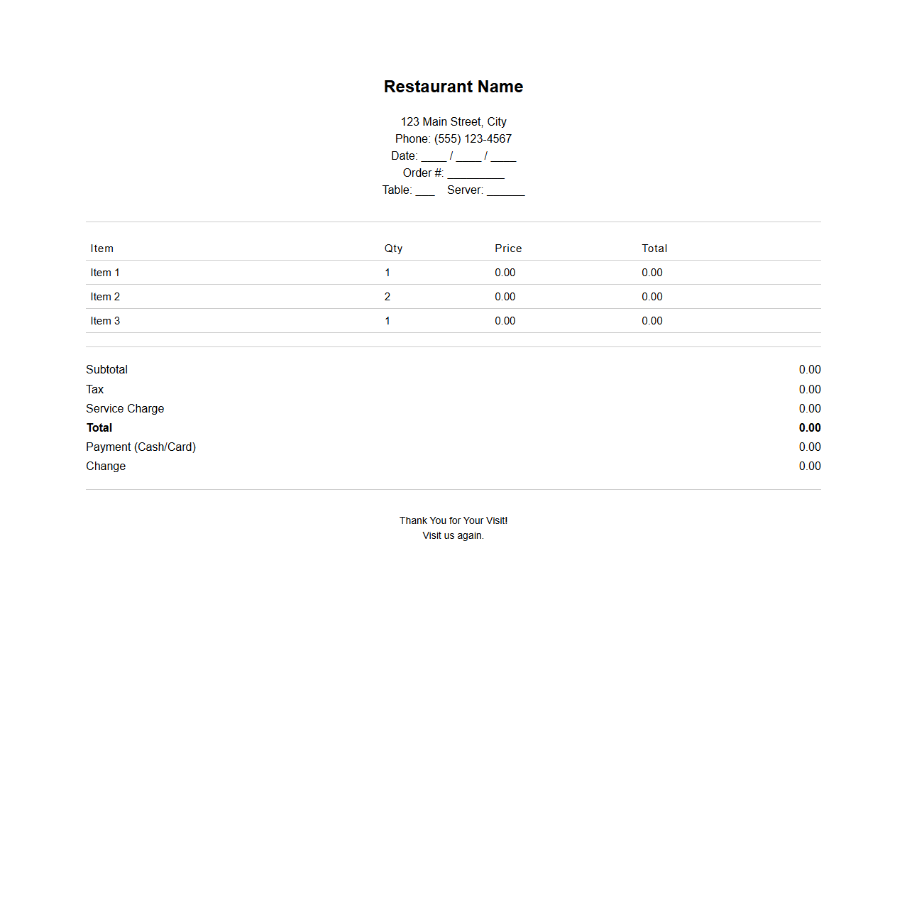 Restaurant Sales Receipt Template for POS Systems