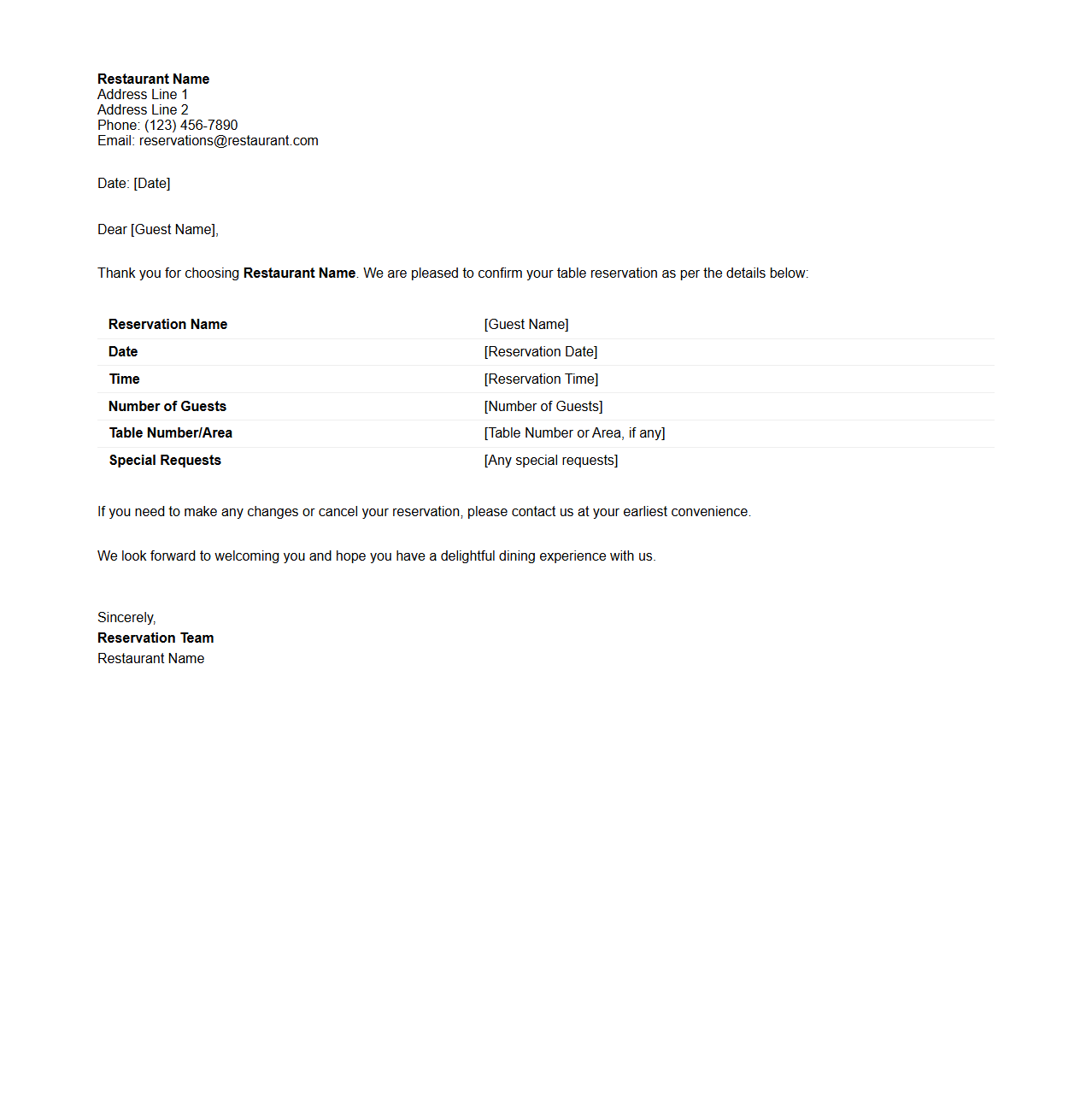 Restaurant Table Reservation Confirmation Letter Sample