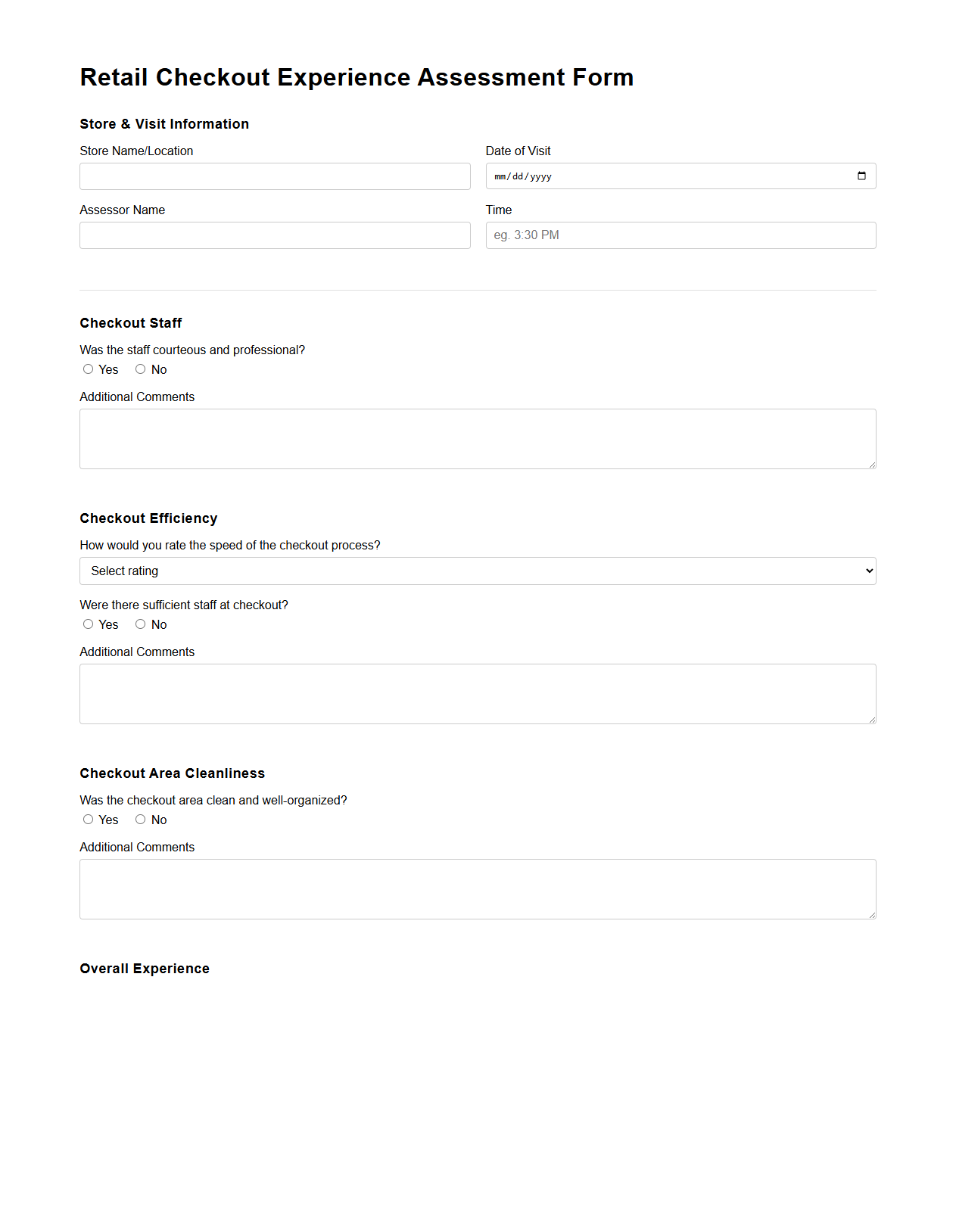 Retail Checkout Experience Assessment Form