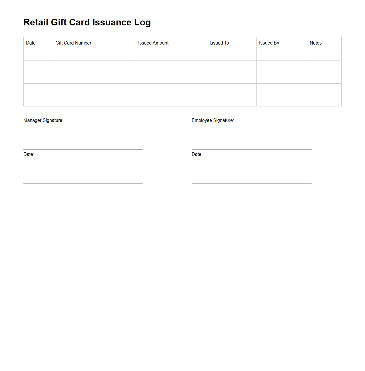 Retail Gift Card Issuance Log Template