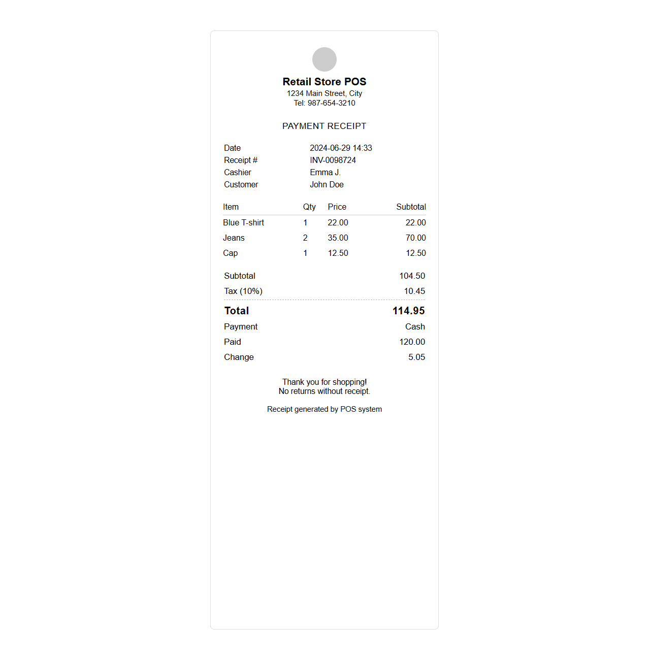 Retail POS Payment Receipt Example