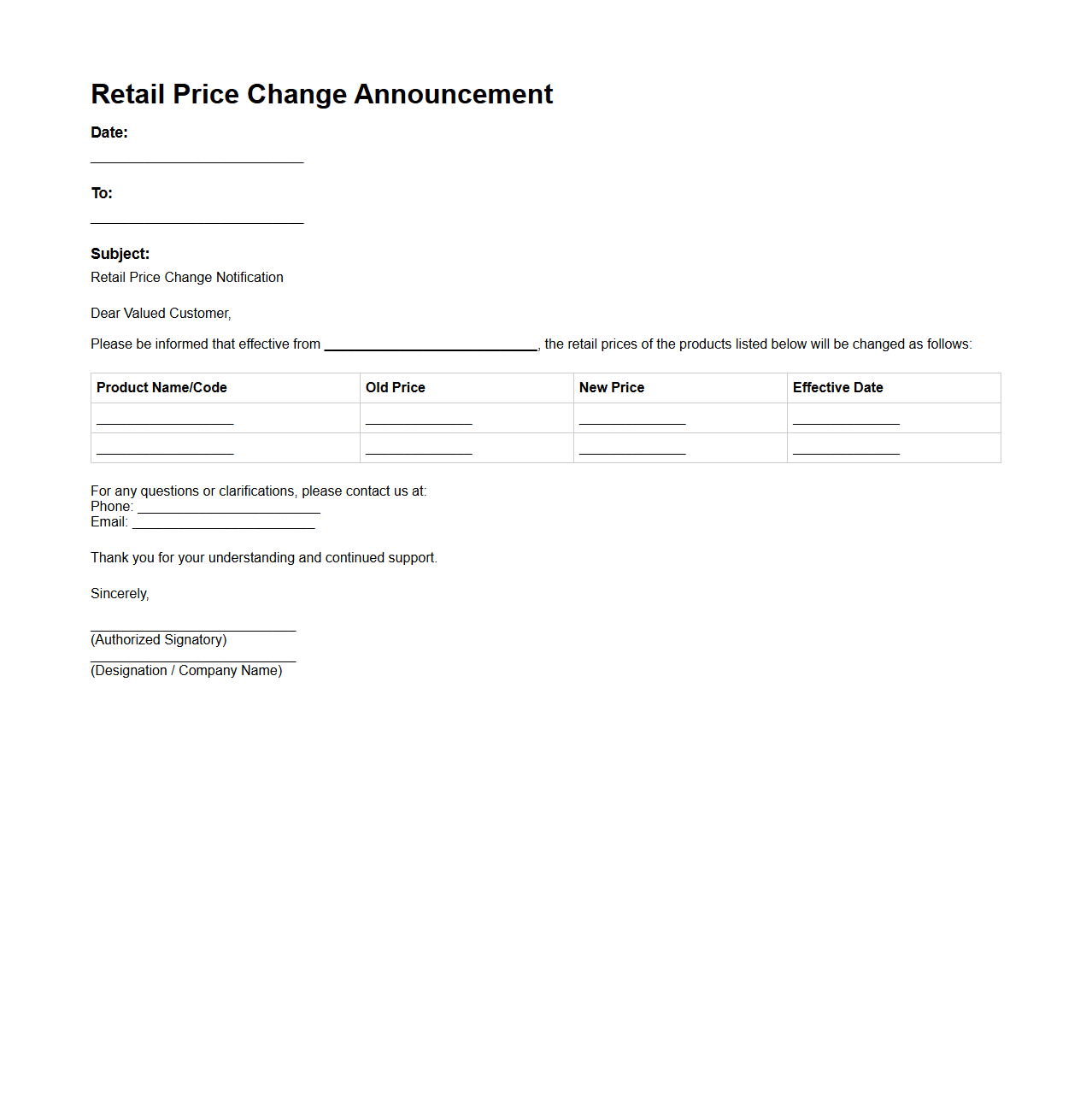 Retail Price Change Announcement Format