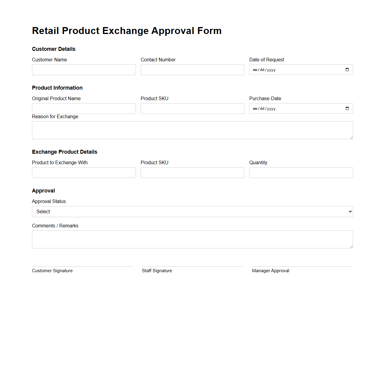 Retail Product Exchange Approval Form
