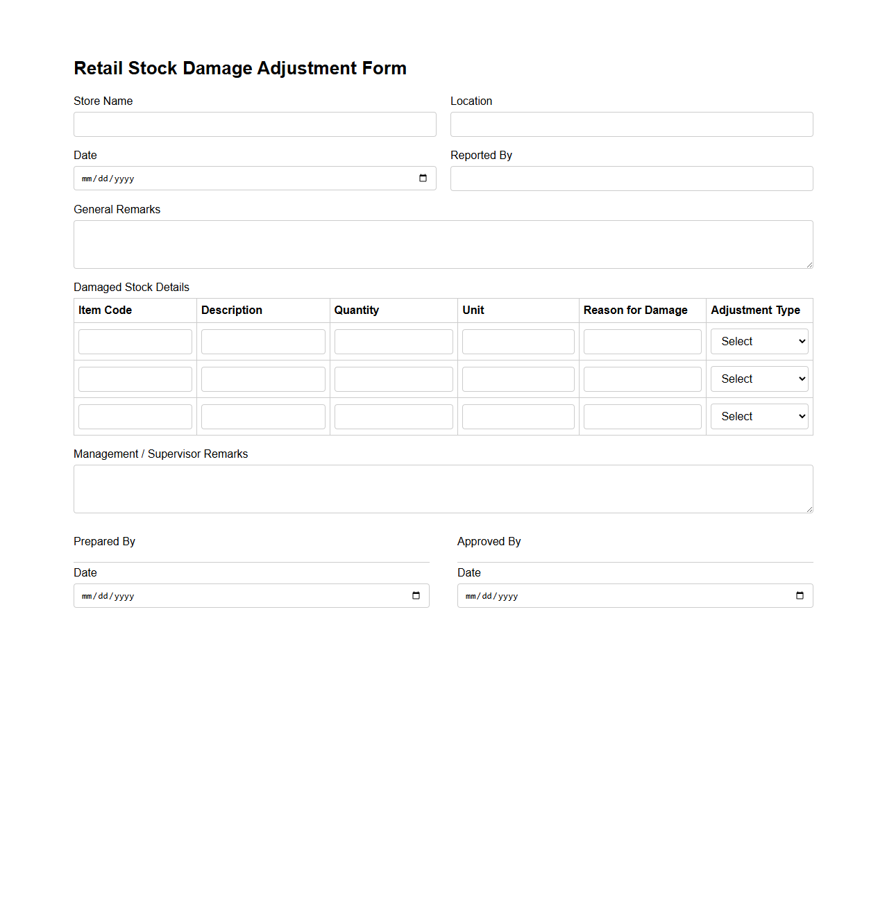 Retail Stock Damage Adjustment Form