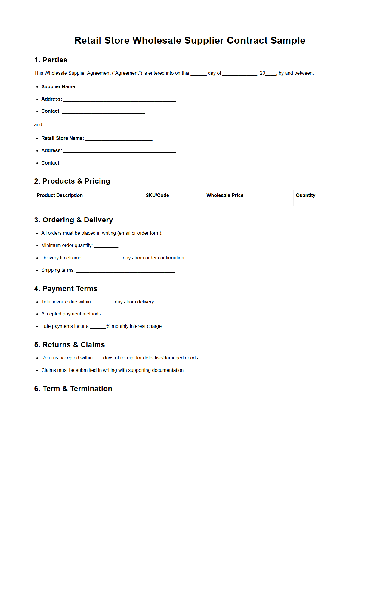 Retail Store Wholesale Supplier Contract Sample