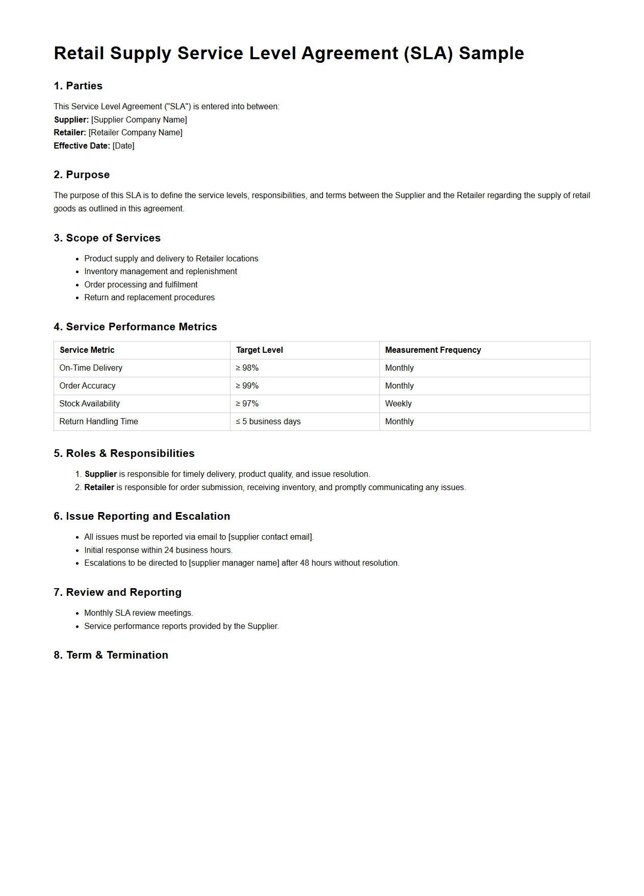 Retail Supply Service Level Agreement Sample