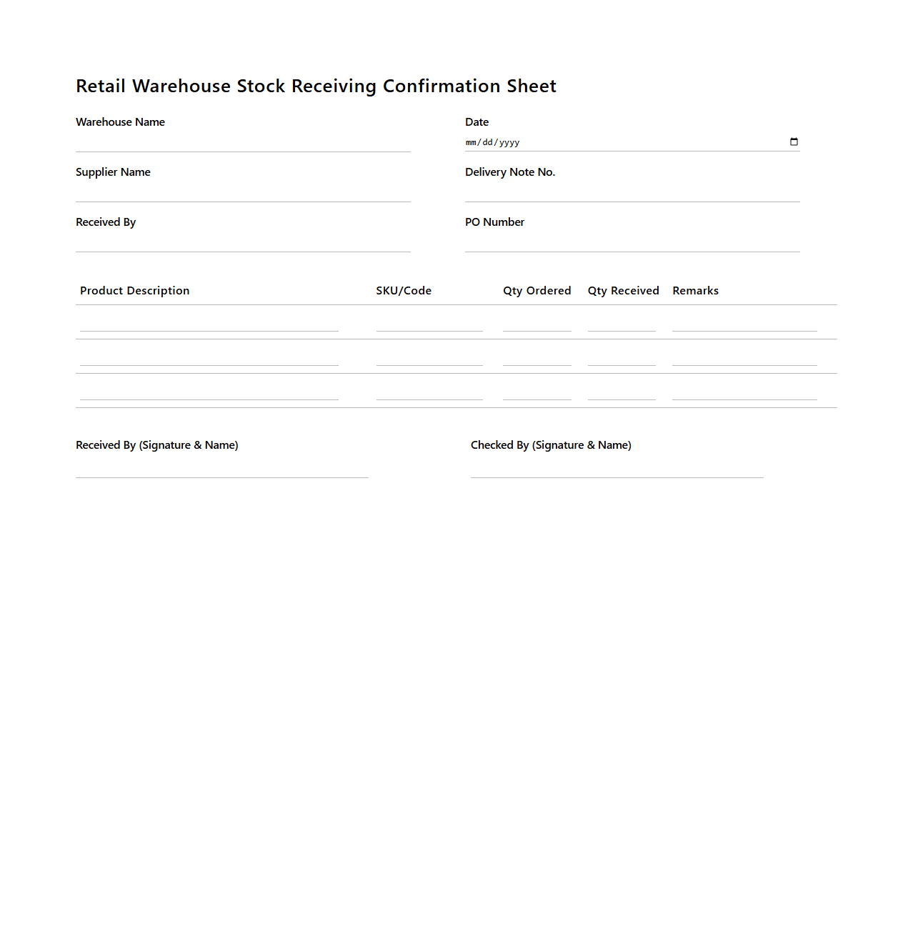 Retail Warehouse Stock Receiving Confirmation Sheet