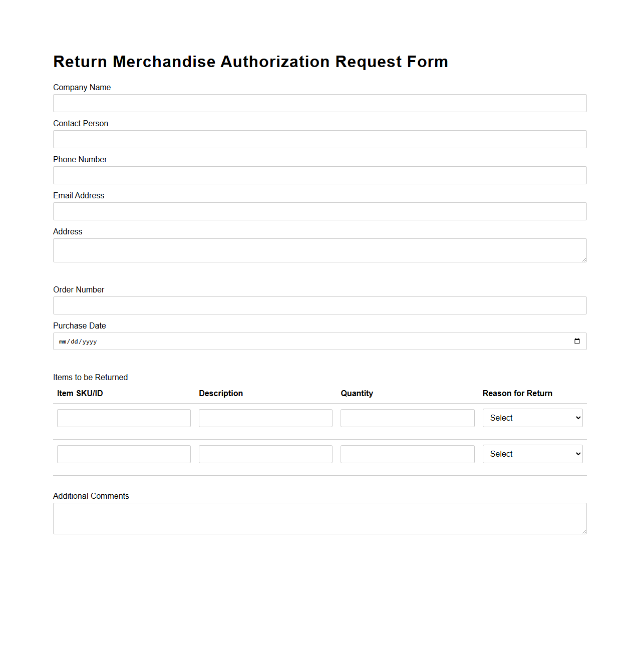 Return Merchandise Authorization Request Form Sample