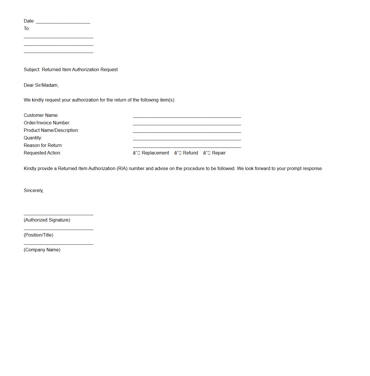 Returned Item Authorization Letter Format