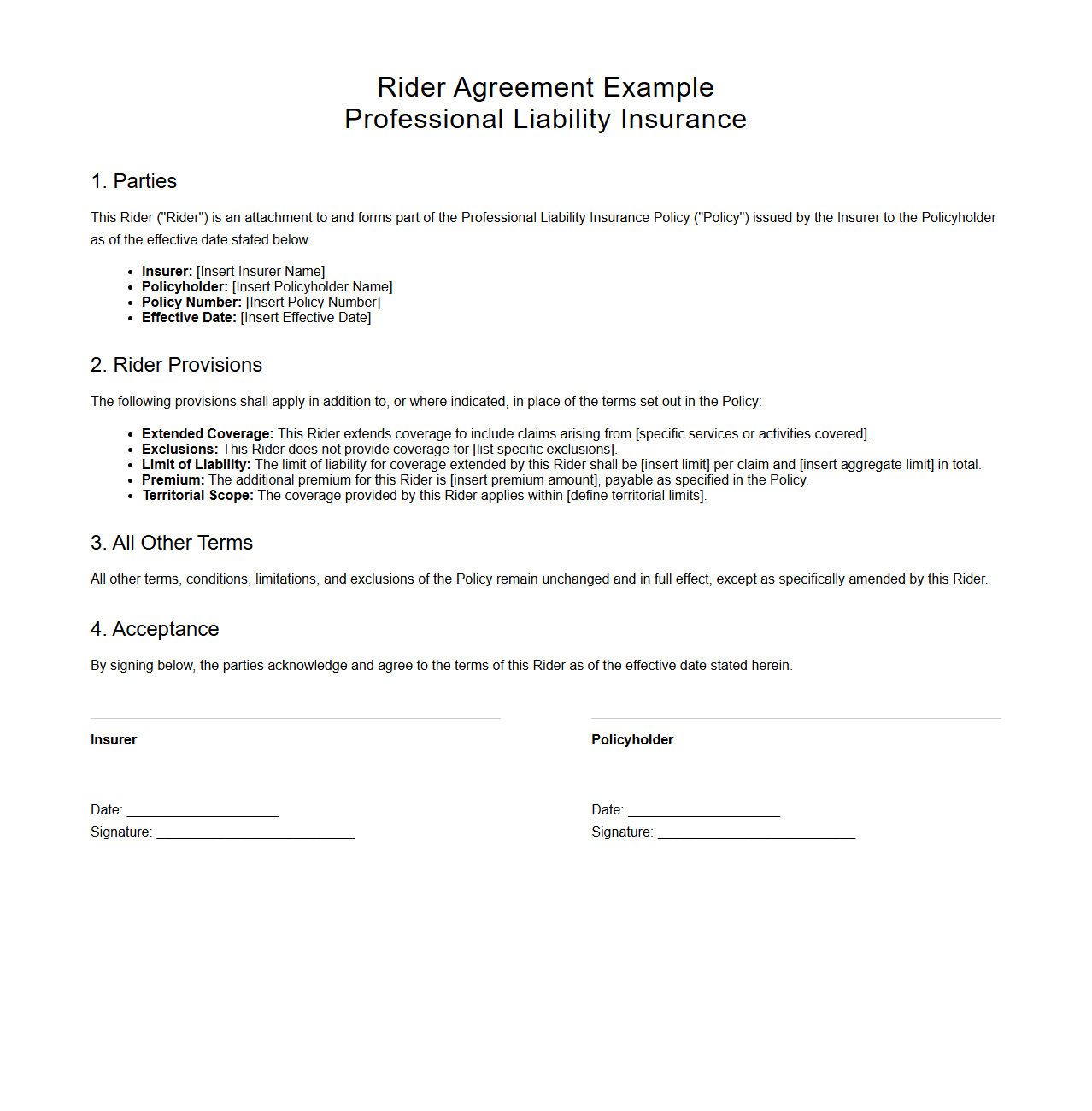 Rider Agreement Example for Professional Liability Insurance