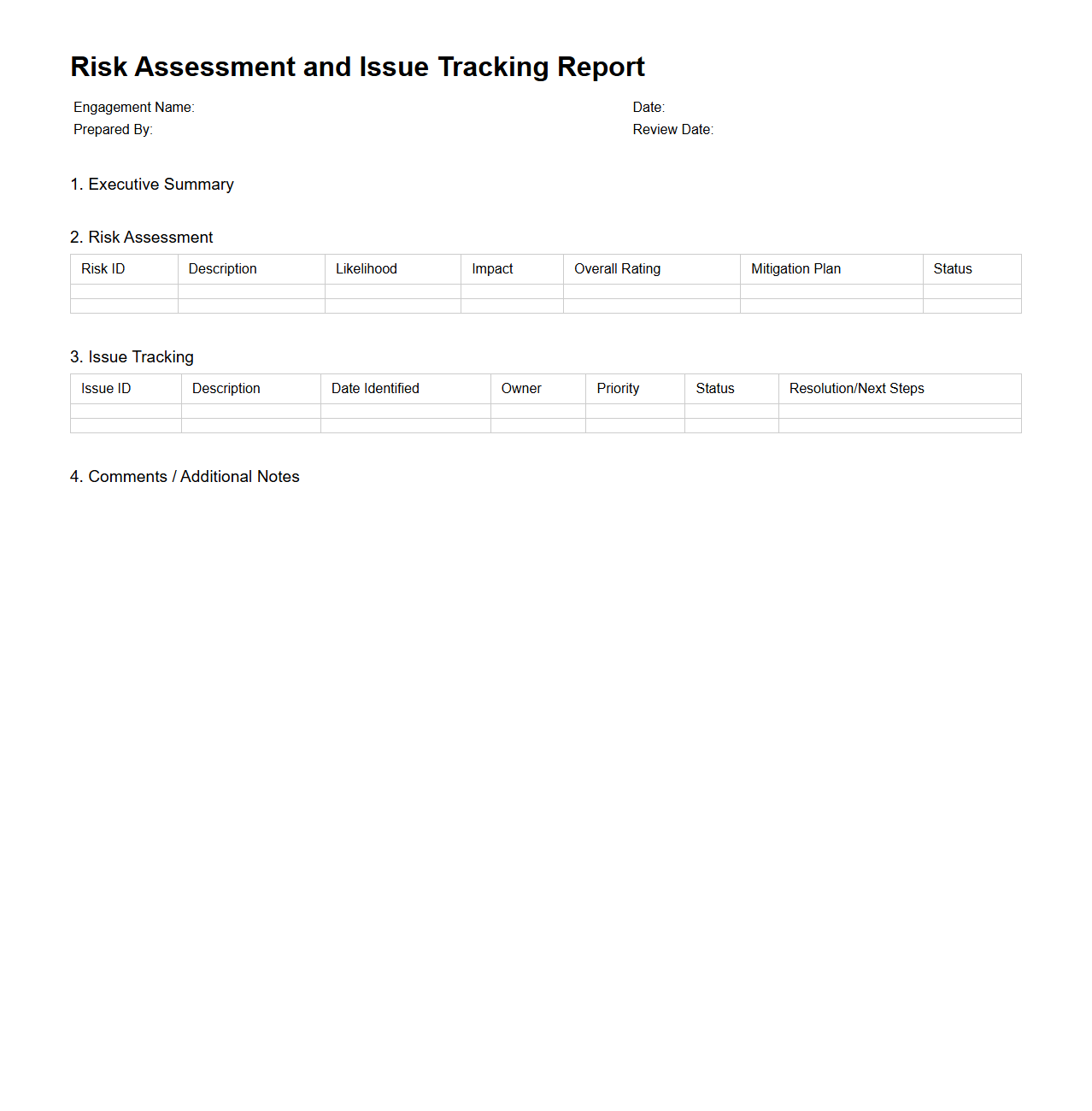 Risk Assessment and Issue Tracking Report for Consulting Engagements