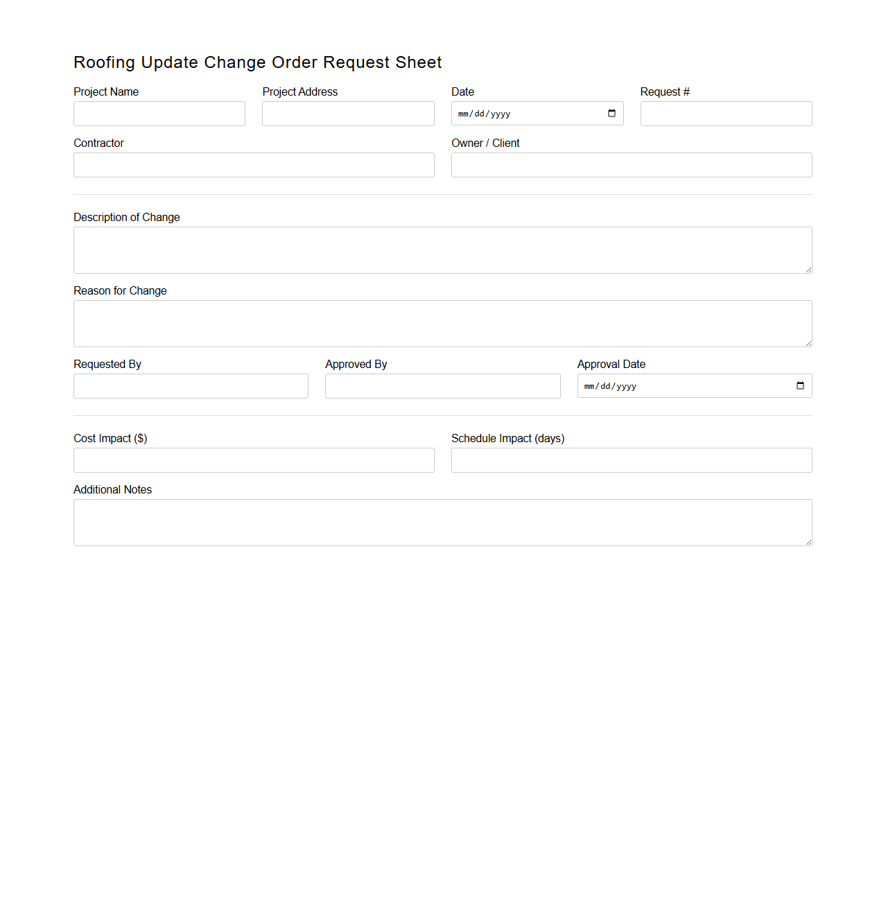 Roofing Update Change Order Request Sheet